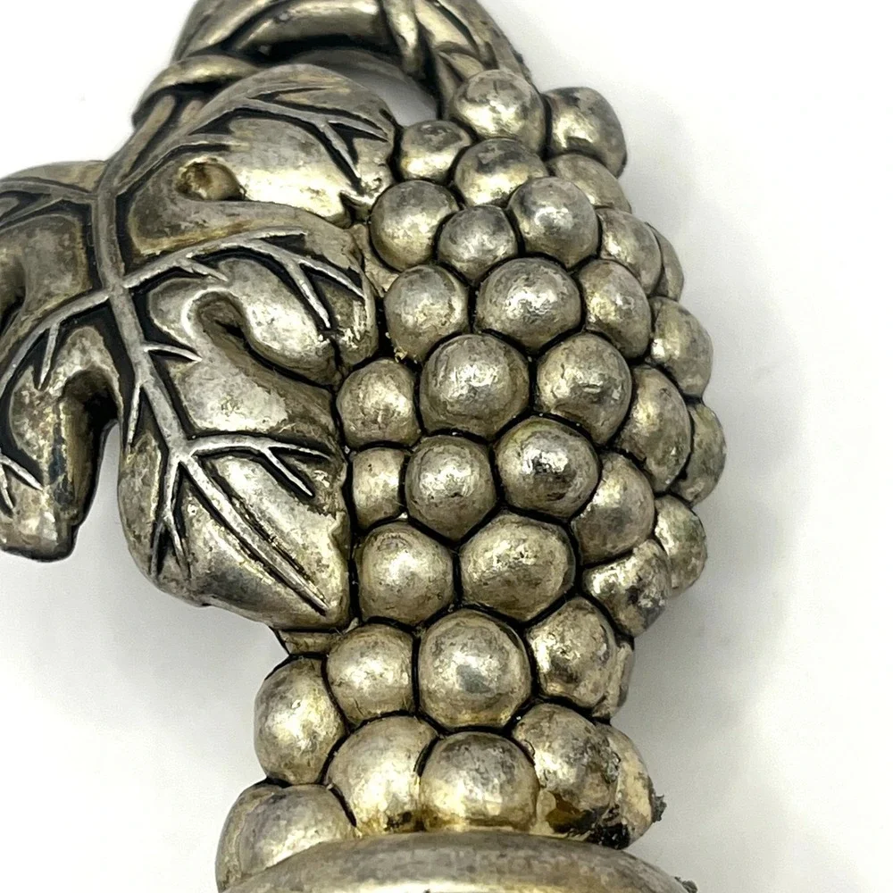 Vintage Silver Toned Grapes Heavy Metal Wine Cork Bottle Stopper Leaves‎ 3.5